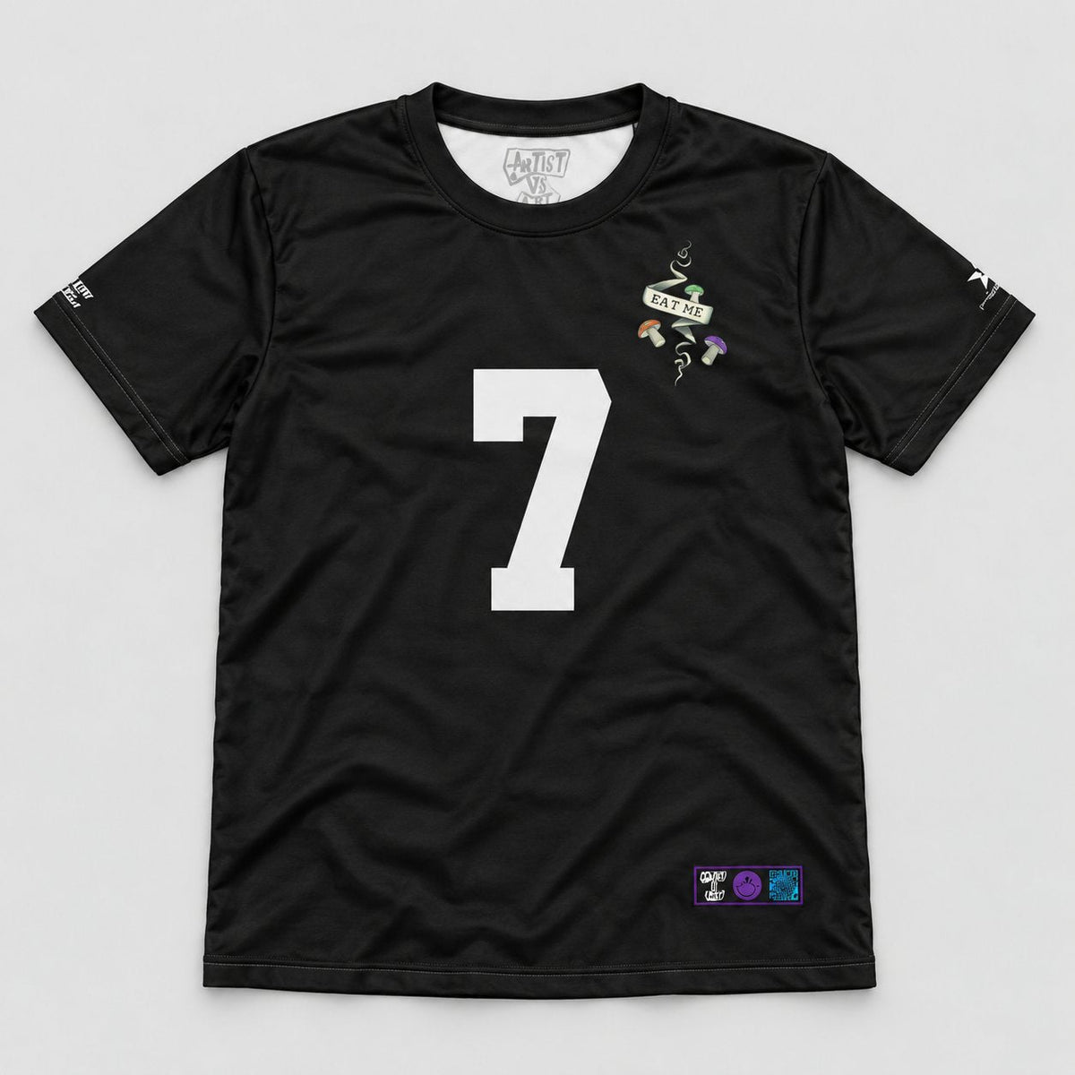 Jasmine Becket-Griffith jersey flat lay front with Artist vs Art inside neck label