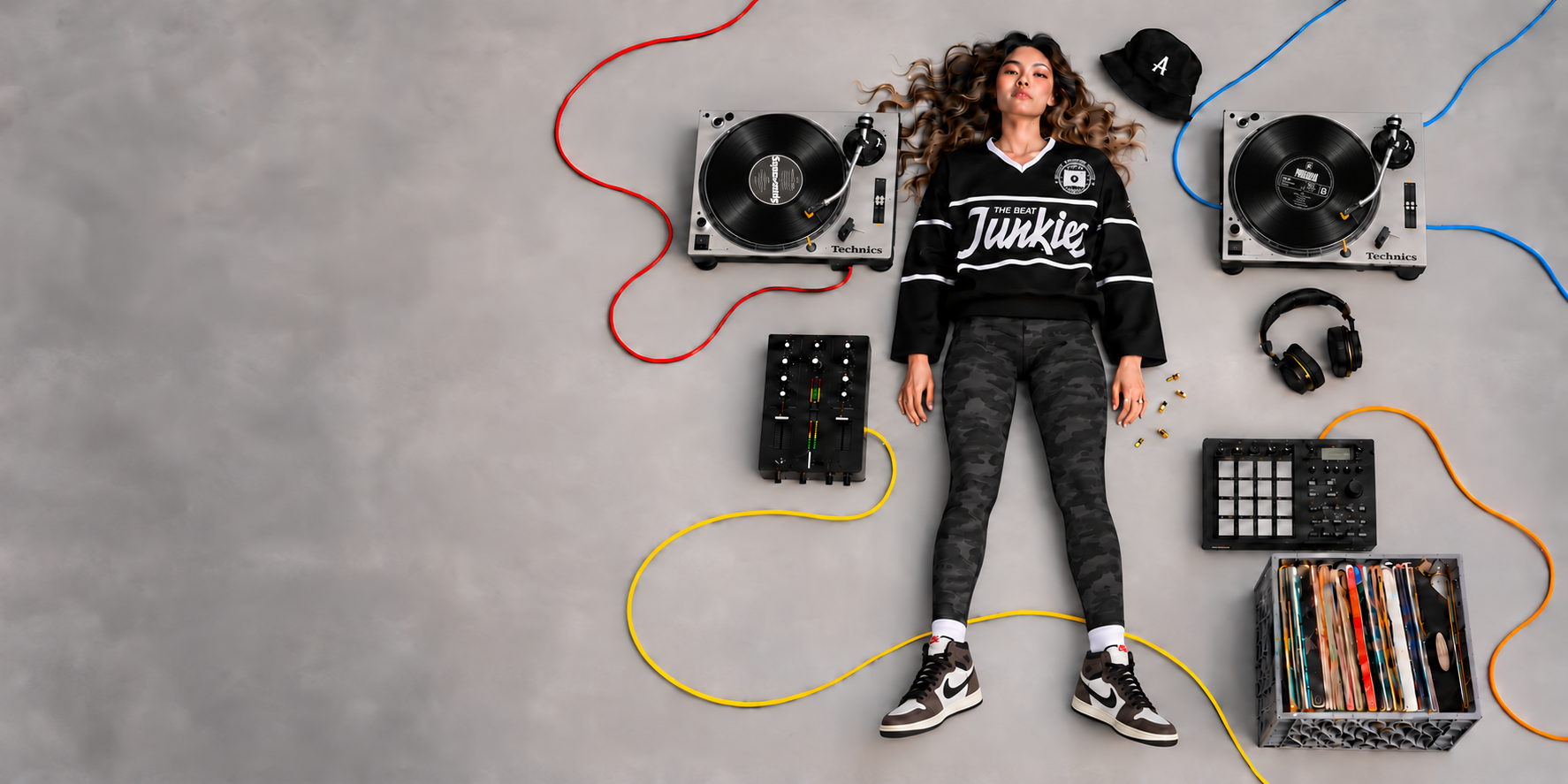 Overhead Beat Junkies editorial with a DJ in a black jersey surrounded by turntables, mixer and a vinyl crate