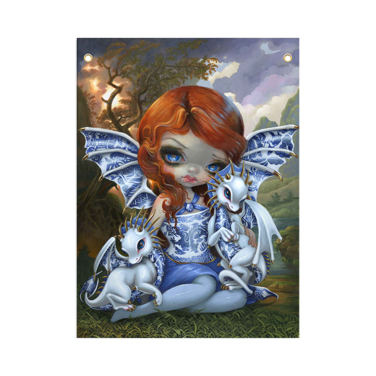 Blue Willow Dragonlings - Fabric Banner - artistvsart