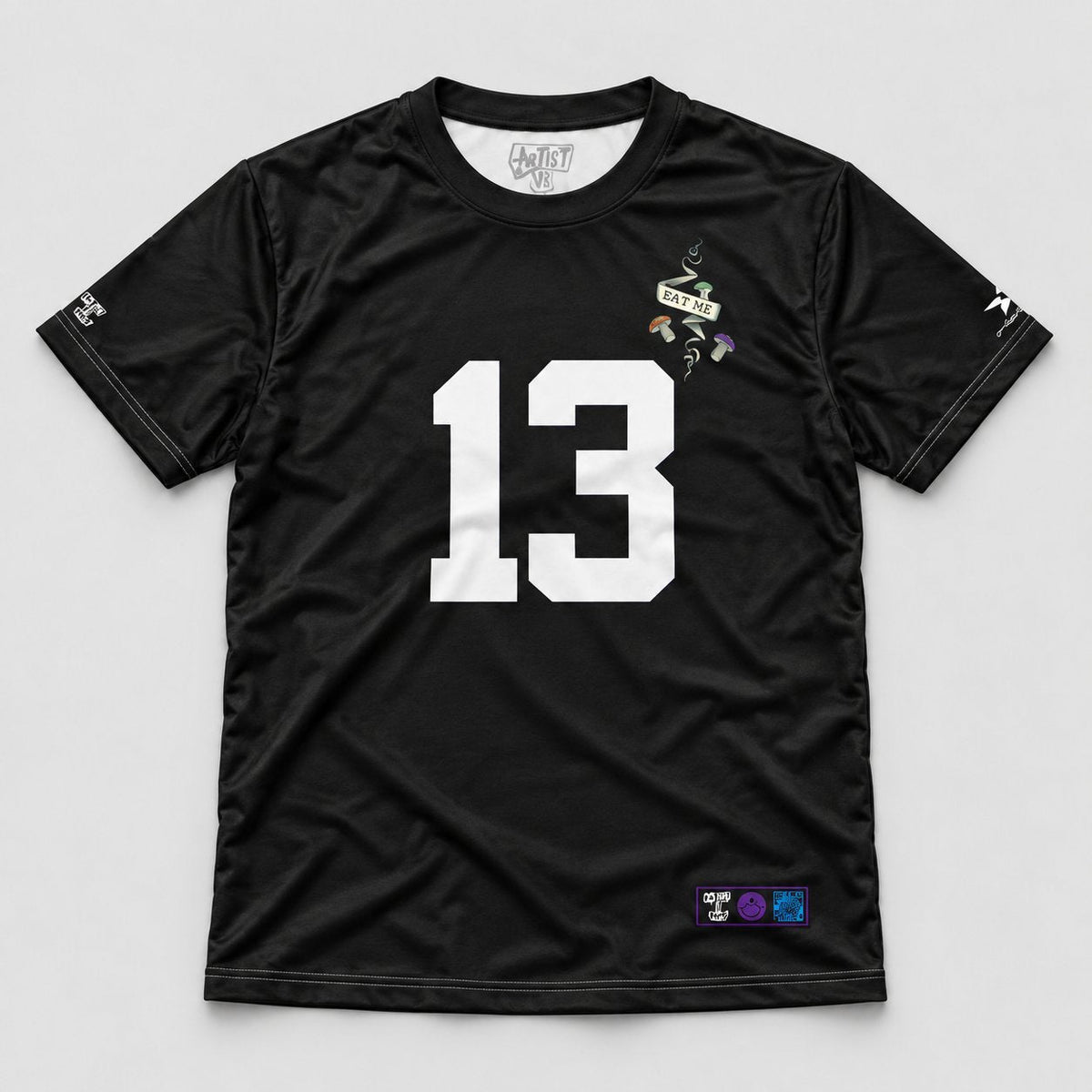 Jasmine Becket-Griffith jersey flat lay front with Artist vs Art inside neck label