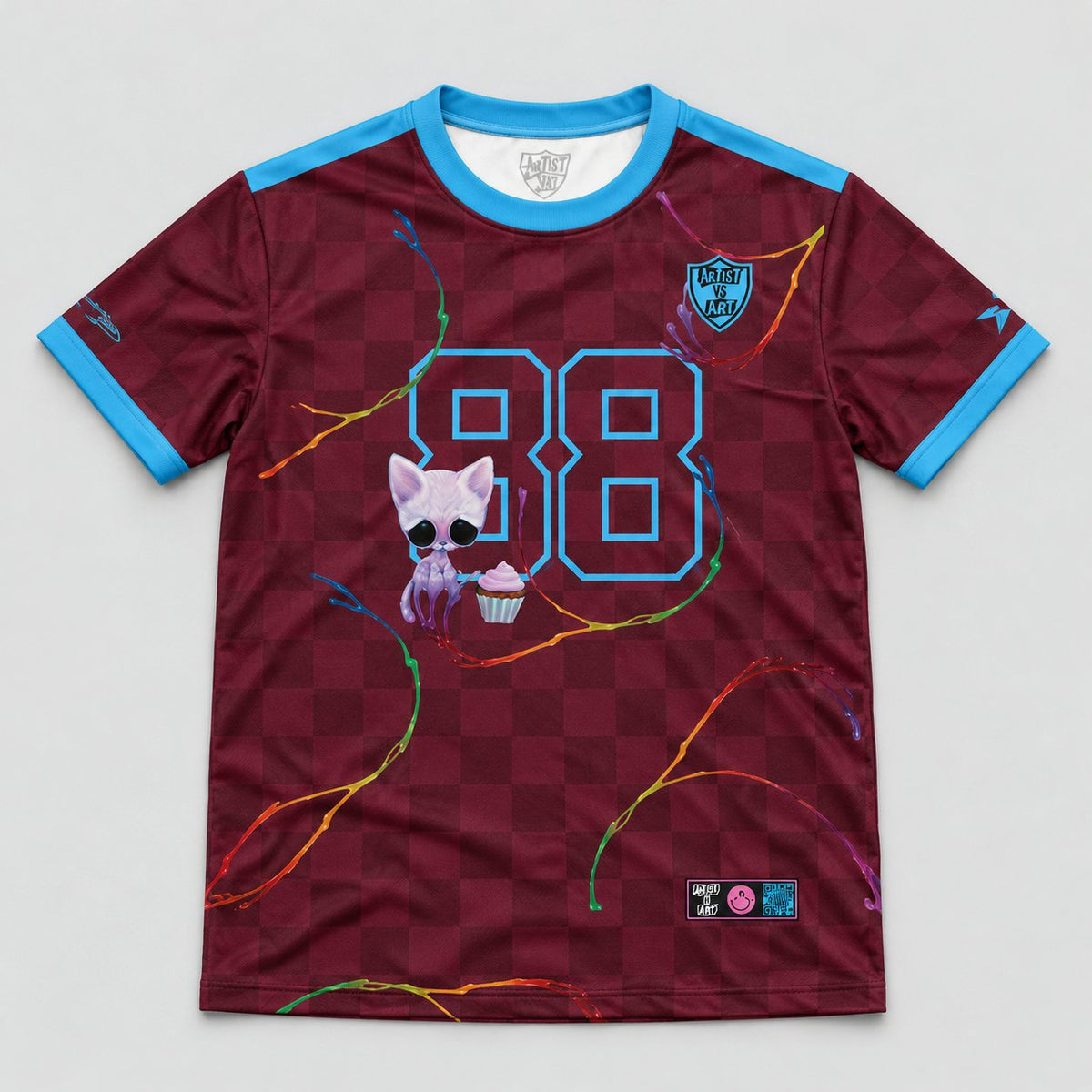 Jasmine Becket-Griffith jersey flat lay front with Artist vs Art inside neck label