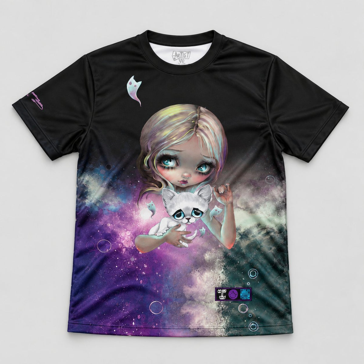 Ghost Kitty Black Galaxy flat lay front with Artist vs Art inside neck label