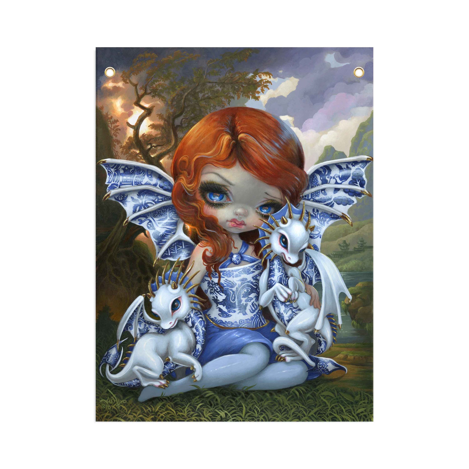 Blue Willow Dragonlings - Fabric Banner - artistvsart