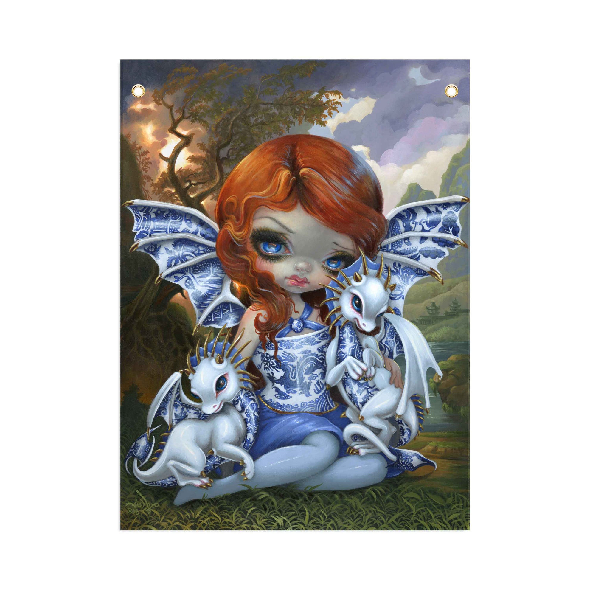 Blue Willow Dragonlings - Fabric Banner - artistvsart
